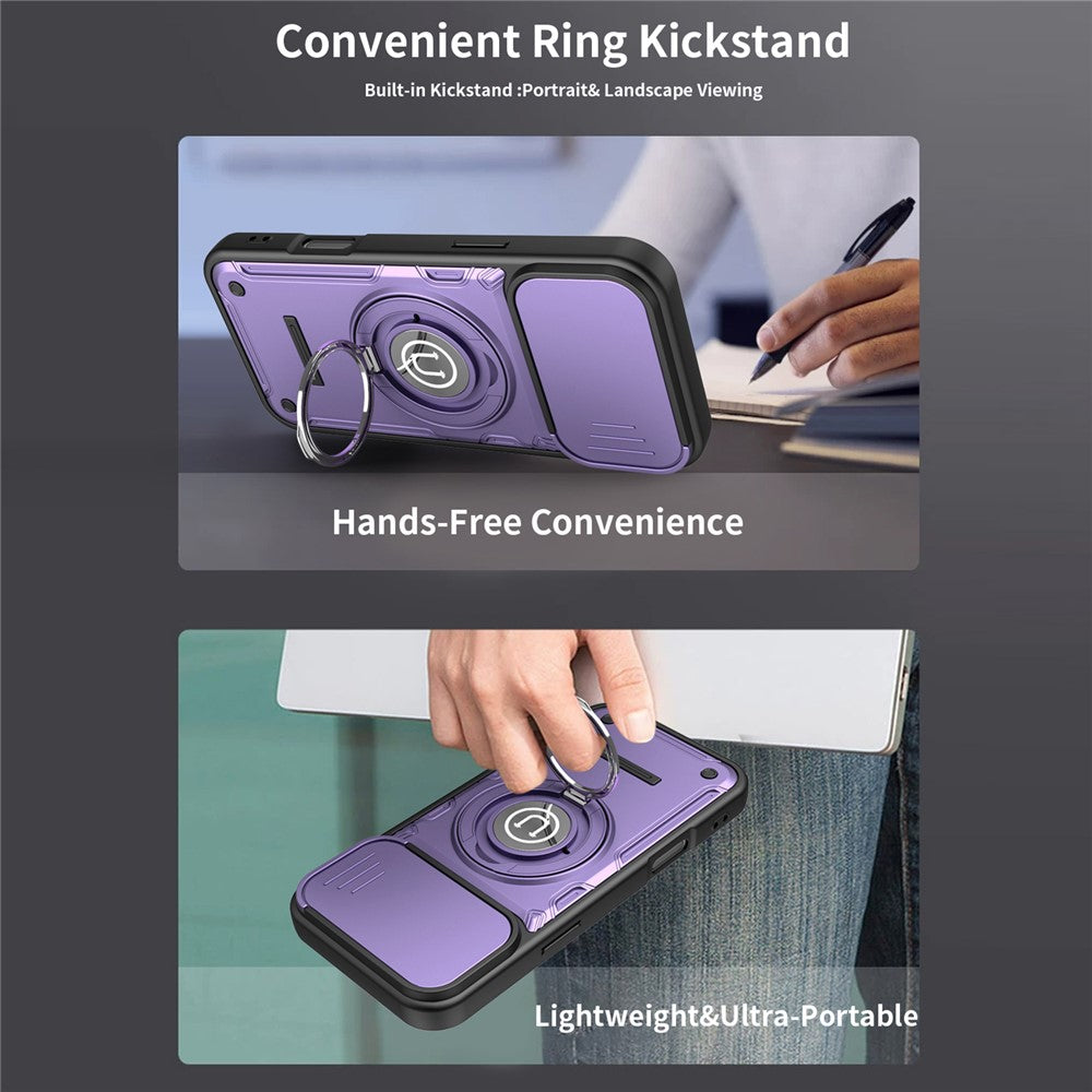 For iPhone 16 Pro Max Case with Slide Camera Cover Ring Kickstand PC + TPU Phone Shell