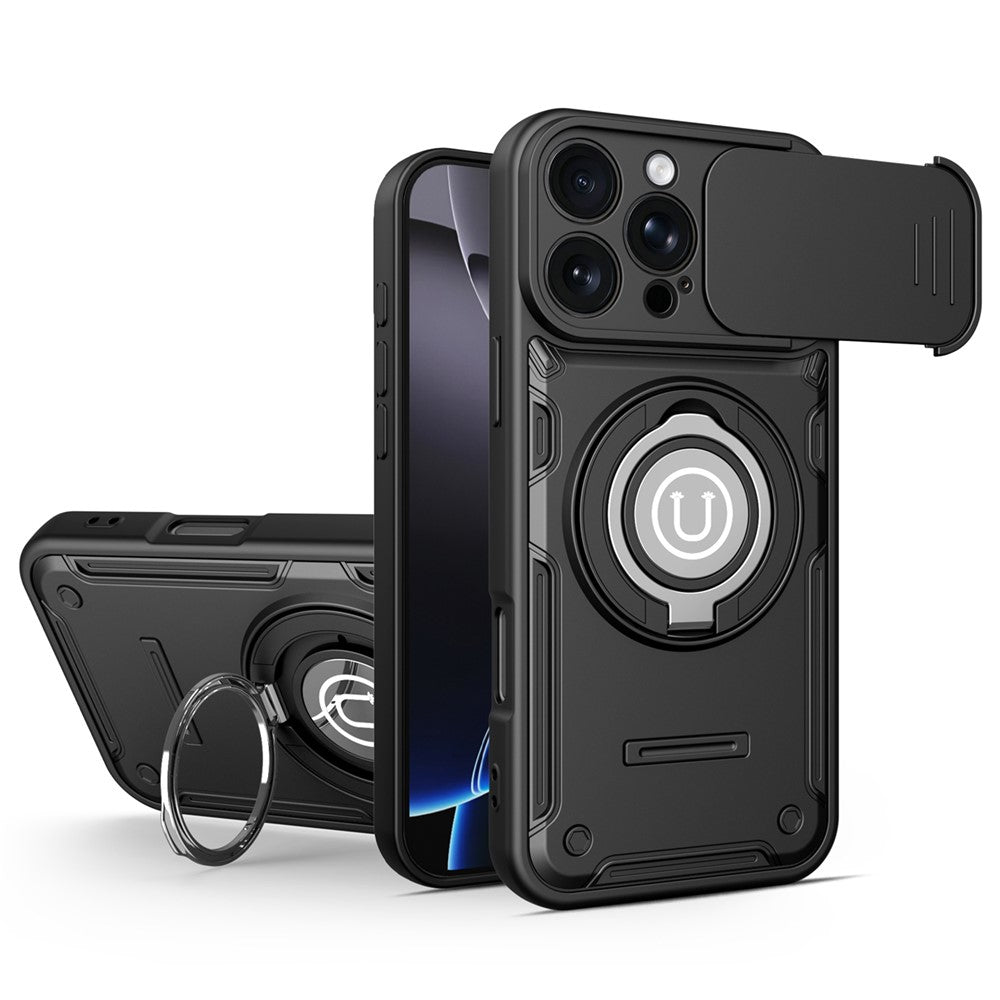 For iPhone 16 Pro Max Case with Slide Camera Cover Ring Kickstand PC + TPU Phone Shell