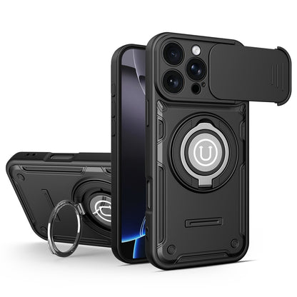 For iPhone 16 Pro Max Case with Slide Camera Cover Ring Kickstand PC + TPU Phone Shell