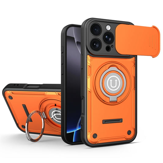 For iPhone 16 Pro Max Case with Slide Camera Cover Ring Kickstand PC + TPU Phone Shell