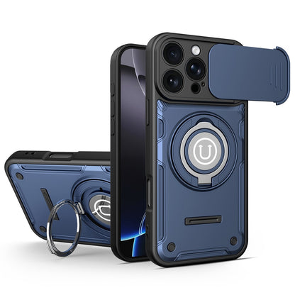 For iPhone 16 Pro Max Case with Slide Camera Cover Ring Kickstand PC + TPU Phone Shell