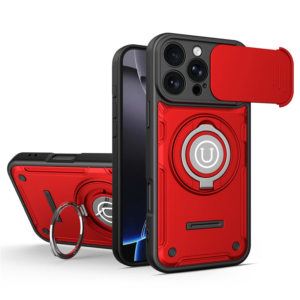 For iPhone 16 Pro Max Case with Slide Camera Cover Ring Kickstand PC + TPU Phone Shell
