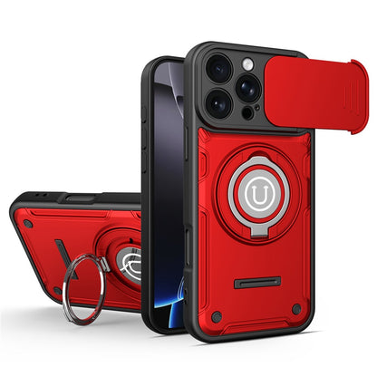 For iPhone 16 Pro Max Case with Slide Camera Cover Ring Kickstand PC + TPU Phone Shell