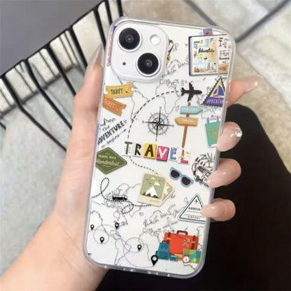 For iPhone 14 Case Travel Map Aircraft Pattern Clear TPU Shockproof Phone Cover