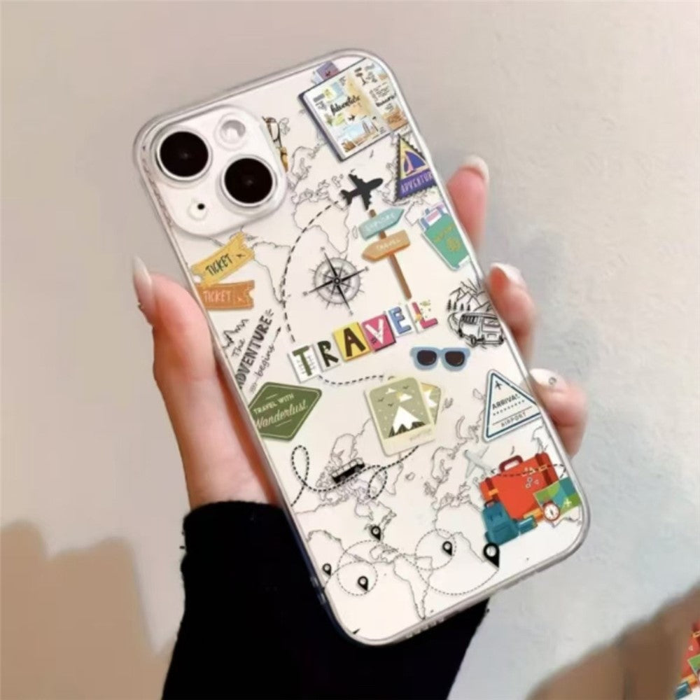 For iPhone 14 Plus Case Travel Map Aircraft Pattern Clear TPU Shockproof Phone Cover