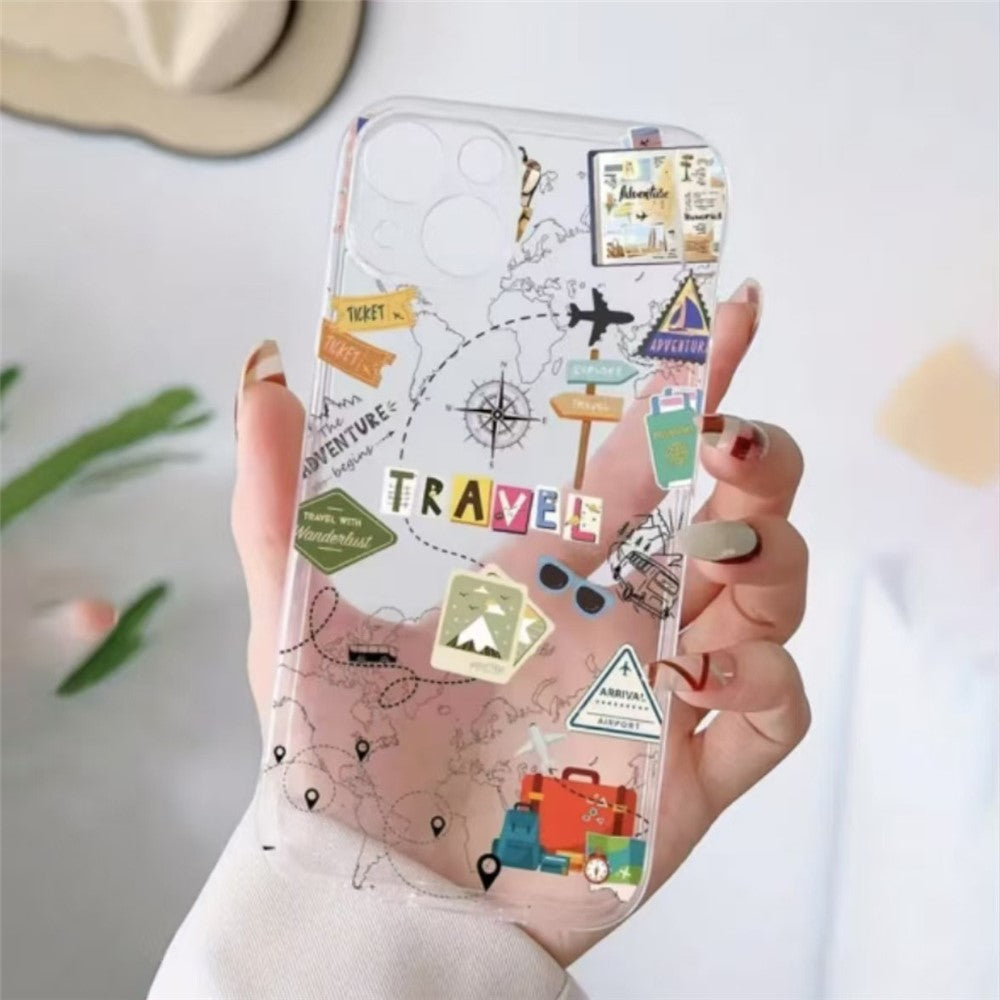 For iPhone 14 Plus Case Travel Map Aircraft Pattern Clear TPU Shockproof Phone Cover