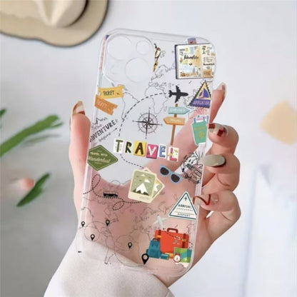 For iPhone 14 Plus Case Travel Map Aircraft Pattern Clear TPU Shockproof Phone Cover