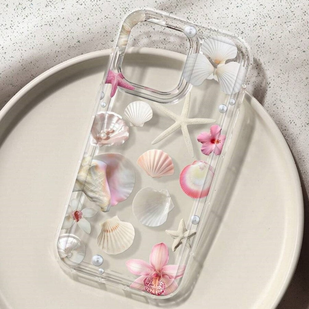 For iPhone 14 Case Floral Starfish Shell Pattern Clear TPU Protective Phone Cover
