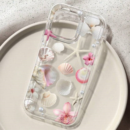For iPhone 14 Case Floral Starfish Shell Pattern Clear TPU Protective Phone Cover