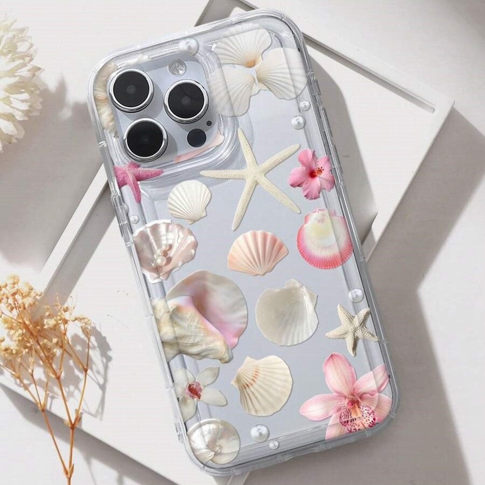 For iPhone 14 Case Floral Starfish Shell Pattern Clear TPU Protective Phone Cover