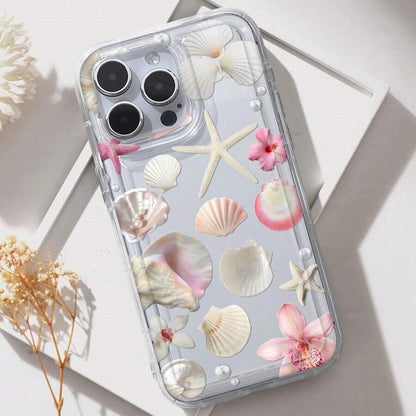 For iPhone 14 Case Floral Starfish Shell Pattern Clear TPU Protective Phone Cover
