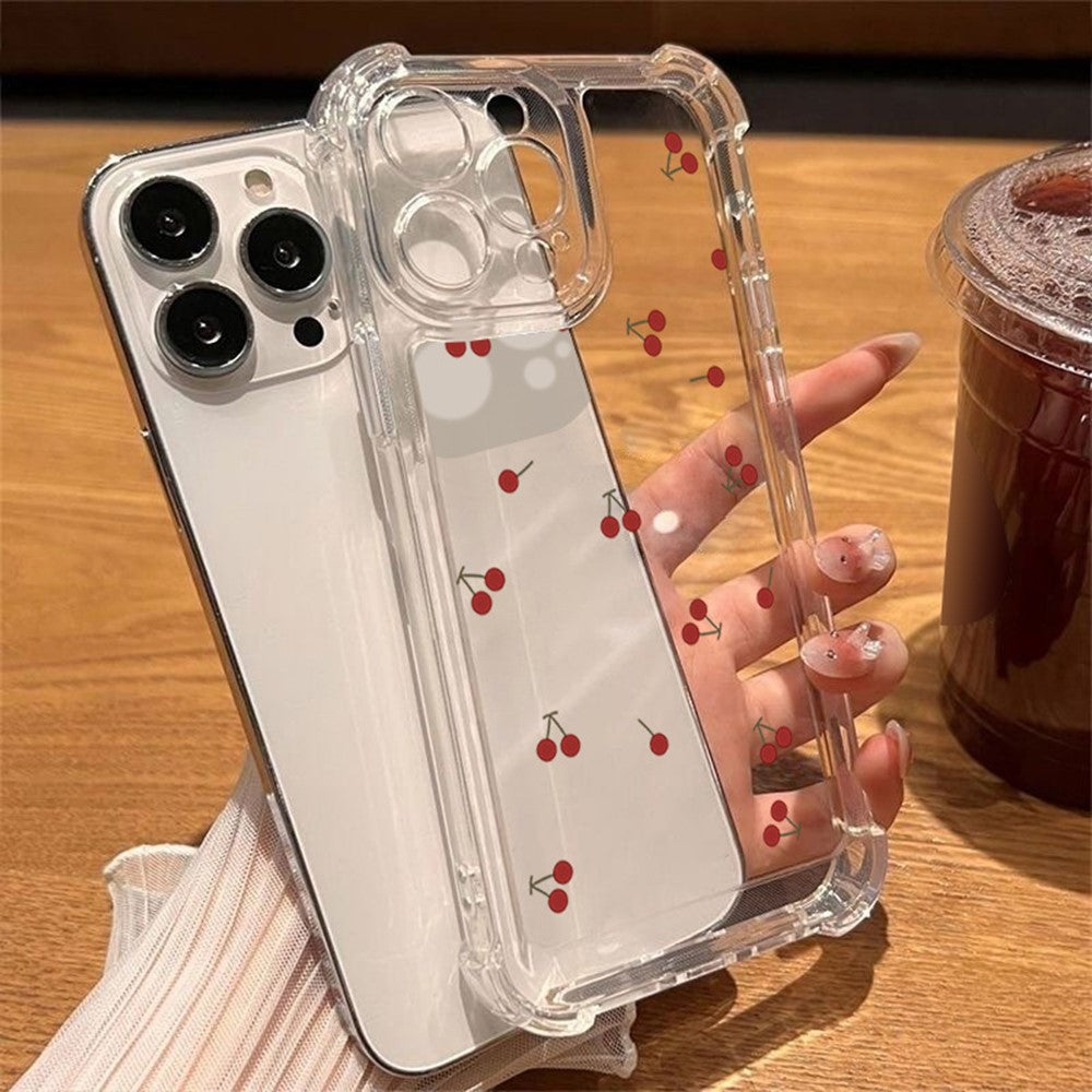 For iPhone 14 Case Cherry Pattern Four Corner Protection Clear TPU Phone Cover