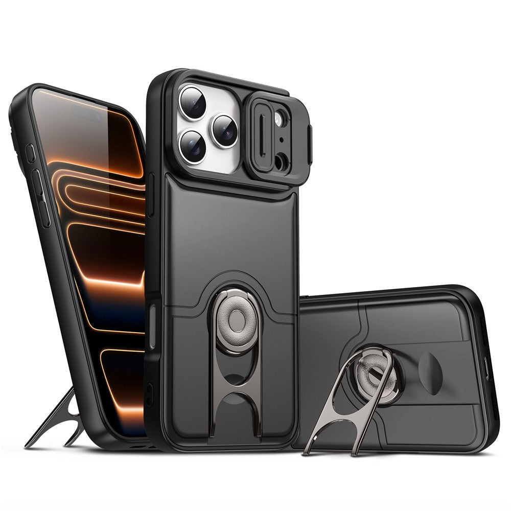 For iPhone 17 Pro Case with Slide Camera Cover Kickstand PC + TPU Protective Phone Shell