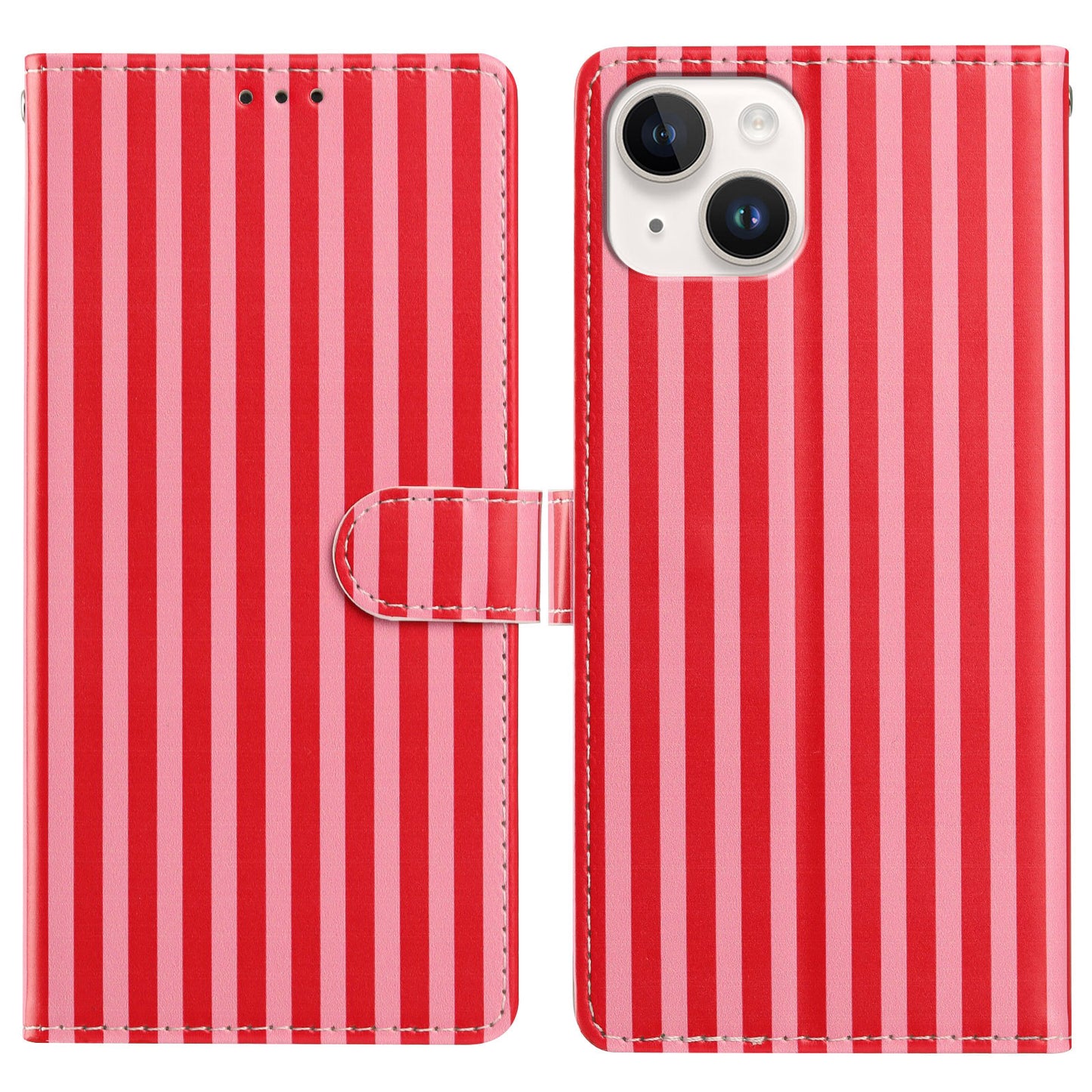 For iPhone 15 Wallet Case Vintage Stripes Leather Stand Flip Phone Cover with Wrist Strap