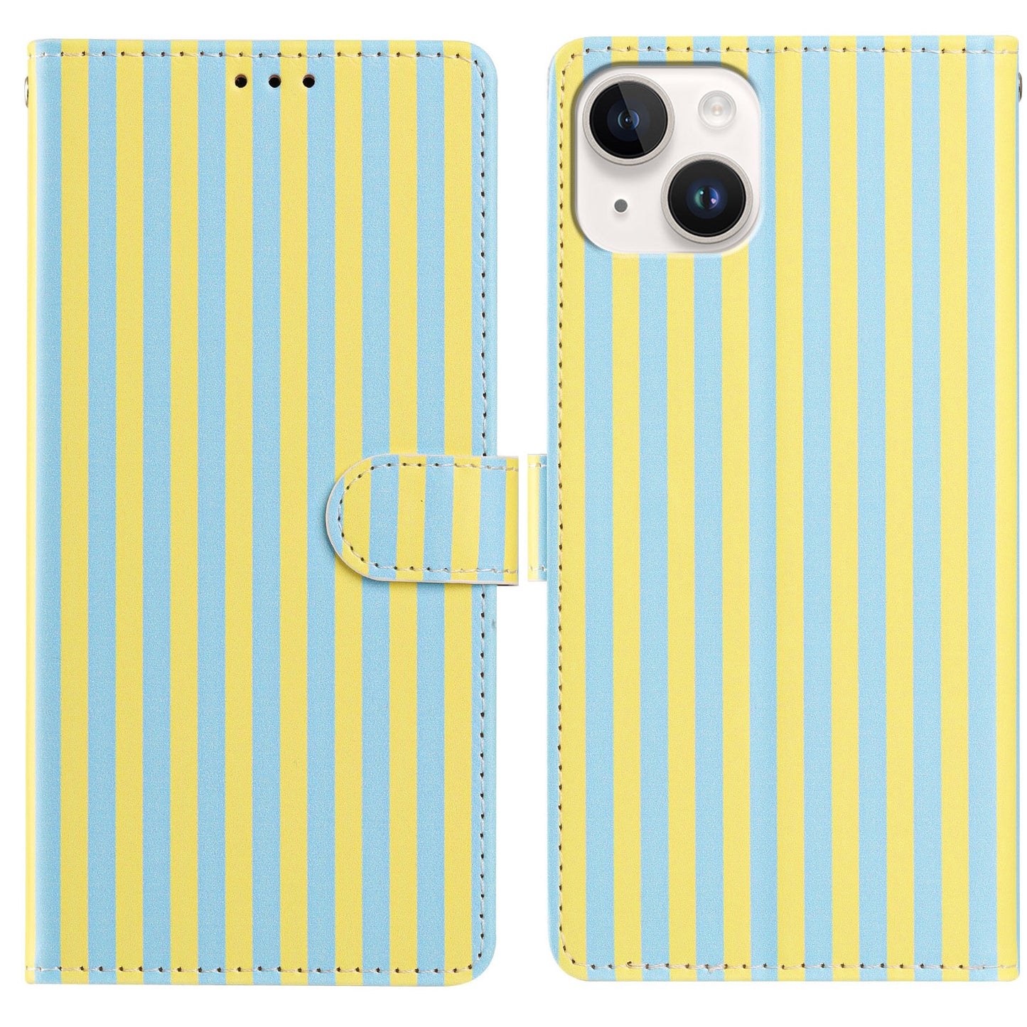 For iPhone 15 Wallet Case Vintage Stripes Leather Stand Flip Phone Cover with Wrist Strap