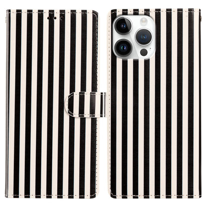 For iPhone 15 Pro Wallet Case Vintage Stripes Leather Stand Flip Phone Cover with Wrist Strap