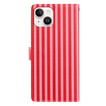 For iPhone 15 Plus Wallet Case Vintage Stripes Leather Stand Flip Phone Cover with Wrist Strap