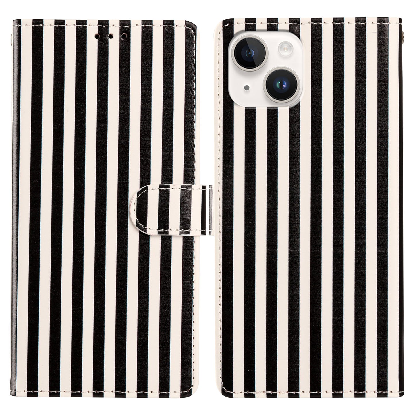 For iPhone 15 Plus Wallet Case Vintage Stripes Leather Stand Flip Phone Cover with Wrist Strap