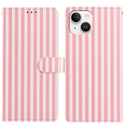 For iPhone 15 Plus Wallet Case Vintage Stripes Leather Stand Flip Phone Cover with Wrist Strap