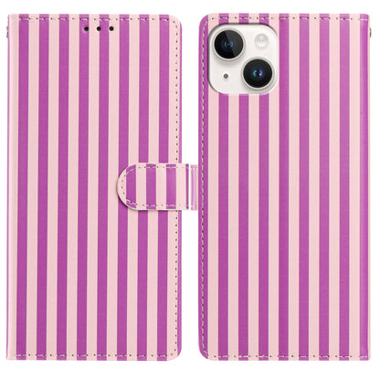 For iPhone 15 Plus Wallet Case Vintage Stripes Leather Stand Flip Phone Cover with Wrist Strap