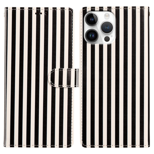 For iPhone 15 Pro Max Wallet Case Vintage Stripes Leather Stand Flip Phone Cover with Wrist Strap