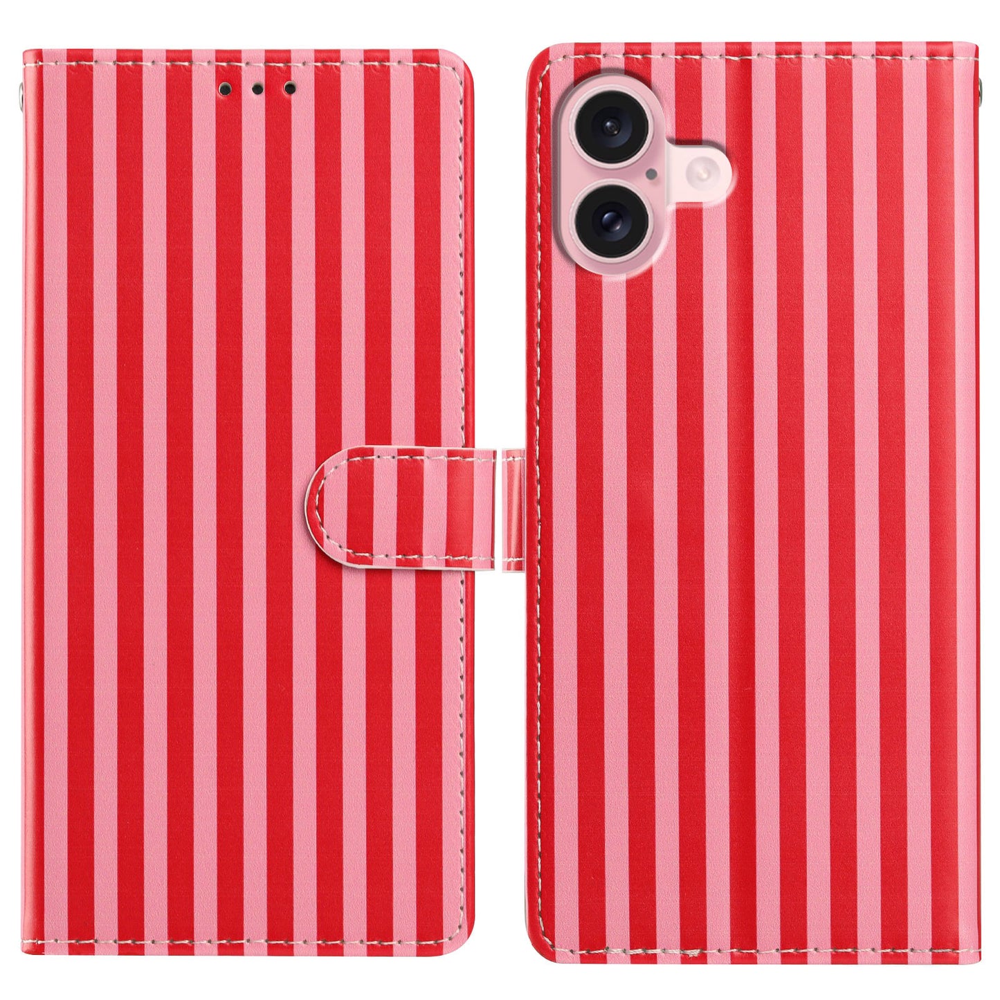 For iPhone 16 Wallet Case Vintage Stripes Leather Stand Flip Phone Cover with Wrist Strap