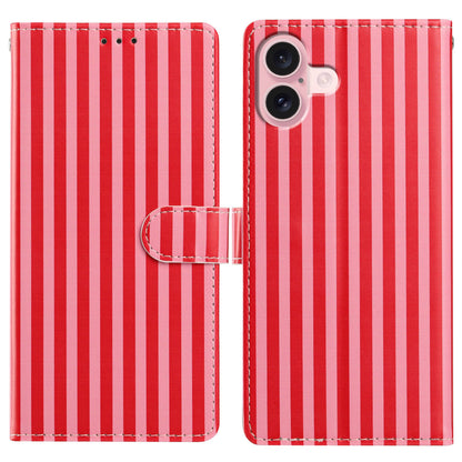 For iPhone 16 Wallet Case Vintage Stripes Leather Stand Flip Phone Cover with Wrist Strap