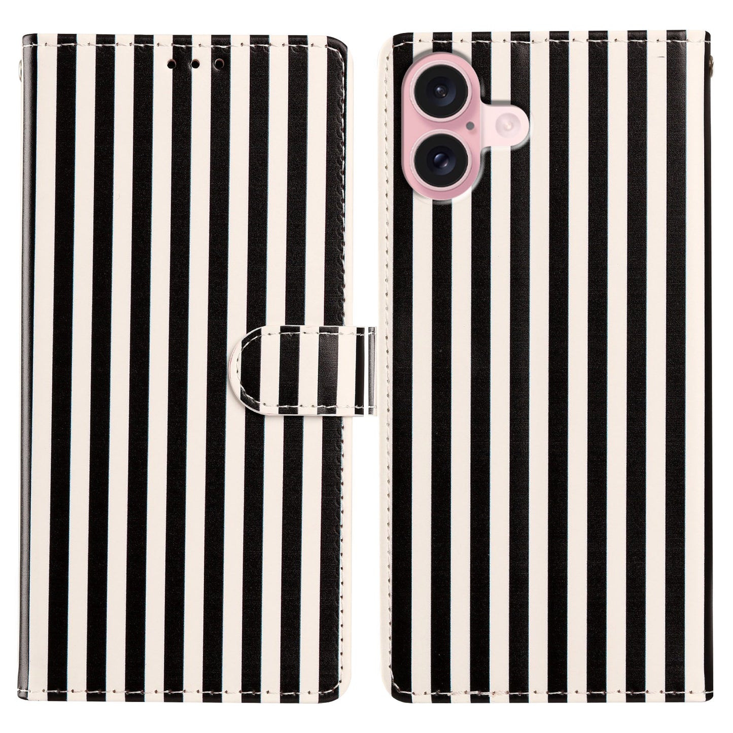 For iPhone 16 Wallet Case Vintage Stripes Leather Stand Flip Phone Cover with Wrist Strap