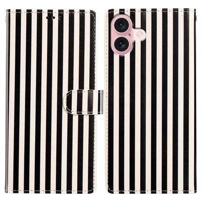 For iPhone 16 Wallet Case Vintage Stripes Leather Stand Flip Phone Cover with Wrist Strap