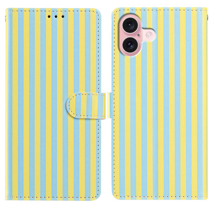 For iPhone 16 Wallet Case Vintage Stripes Leather Stand Flip Phone Cover with Wrist Strap