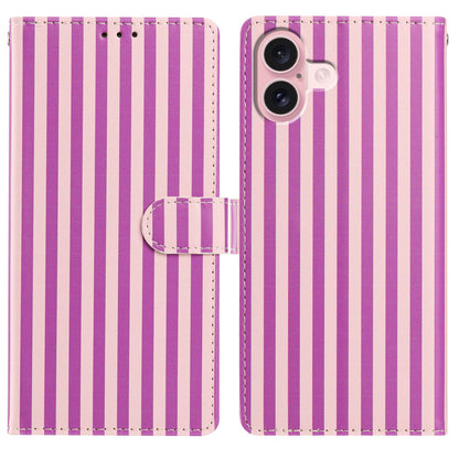 For iPhone 16 Wallet Case Vintage Stripes Leather Stand Flip Phone Cover with Wrist Strap