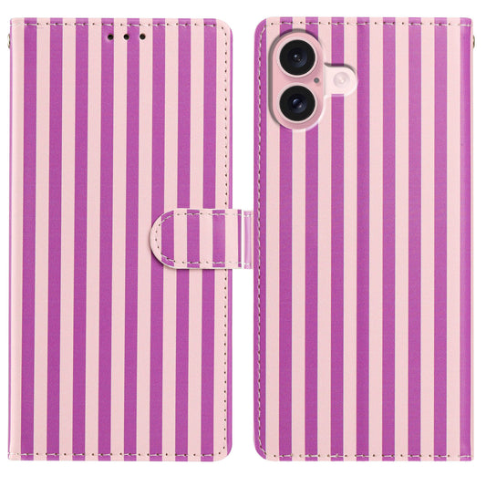For iPhone 16 Wallet Case Vintage Stripes Leather Stand Flip Phone Cover with Wrist Strap