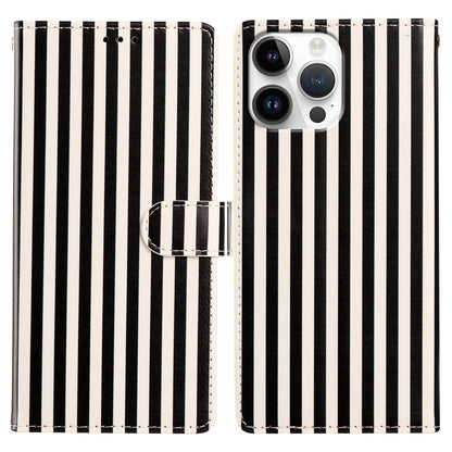 For iPhone 16 Pro Wallet Case Vintage Stripes Leather Stand Flip Phone Cover with Wrist Strap