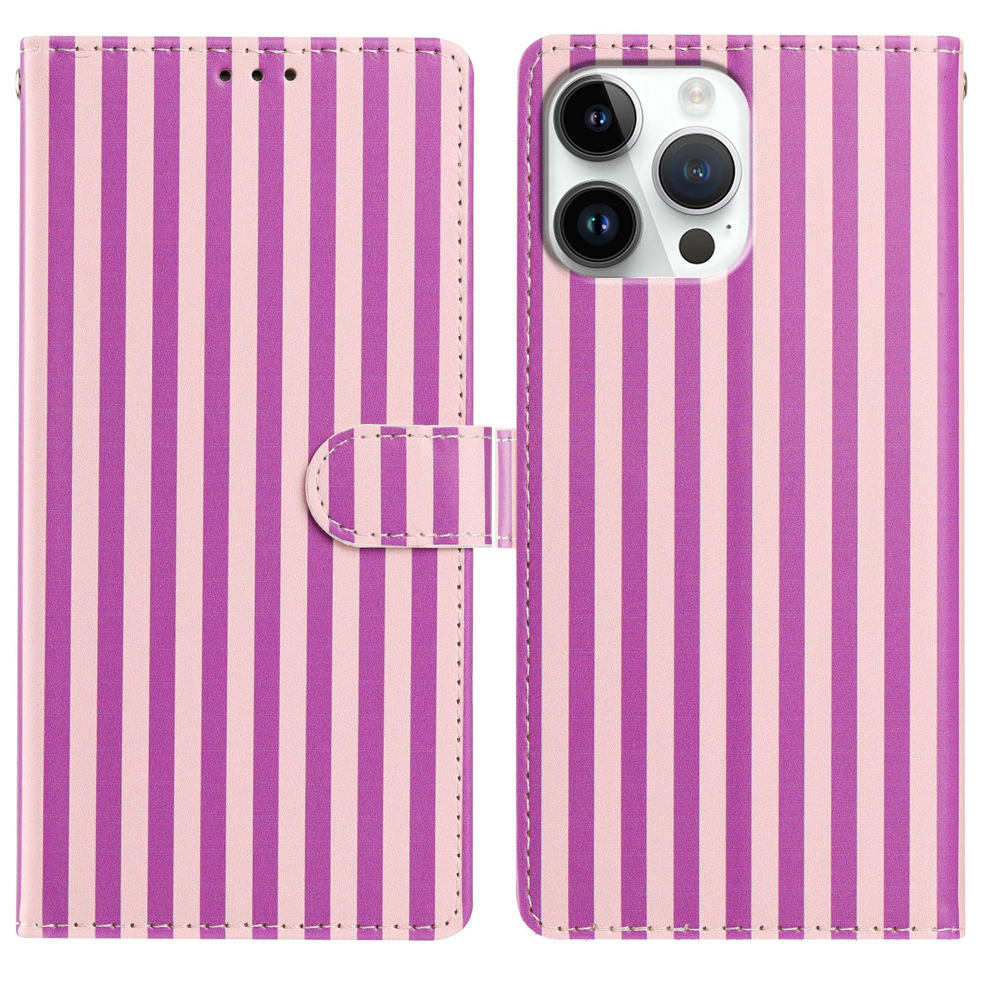 For iPhone 16 Pro Wallet Case Vintage Stripes Leather Stand Flip Phone Cover with Wrist Strap