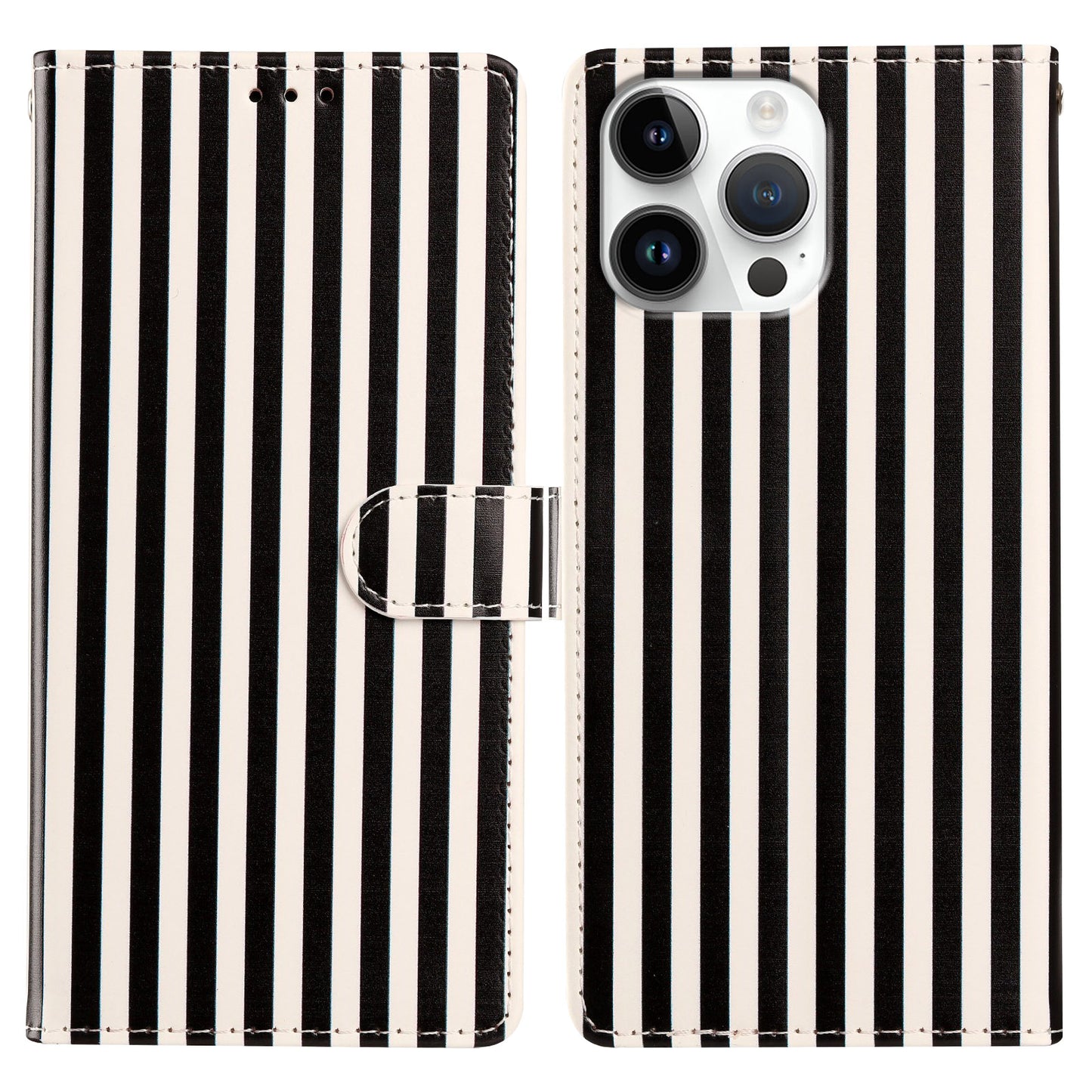 For iPhone 16 Pro Max Wallet Case Vintage Stripes Leather Stand Flip Phone Cover with Wrist Strap