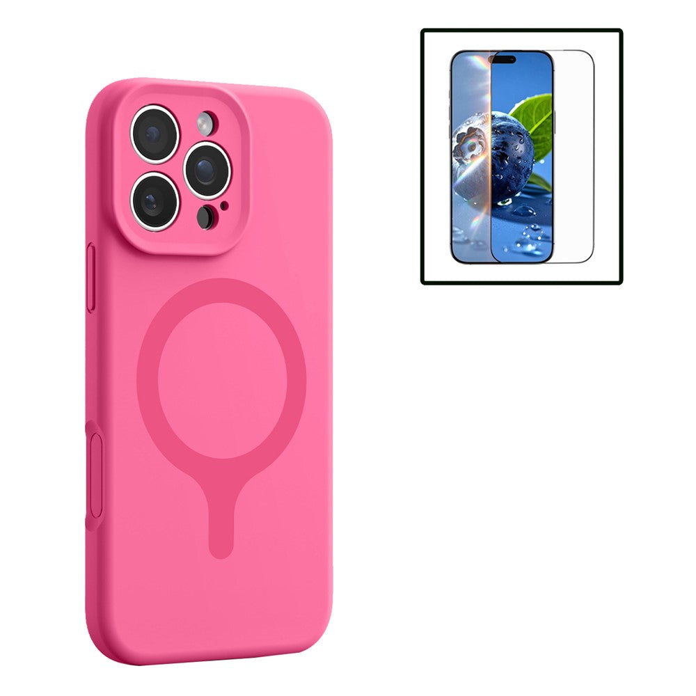 For iPhone 16 Pro Magnetic Case Liquid Silicone Anti Scratch Phone Cover with Tempered Glass Screen Protector