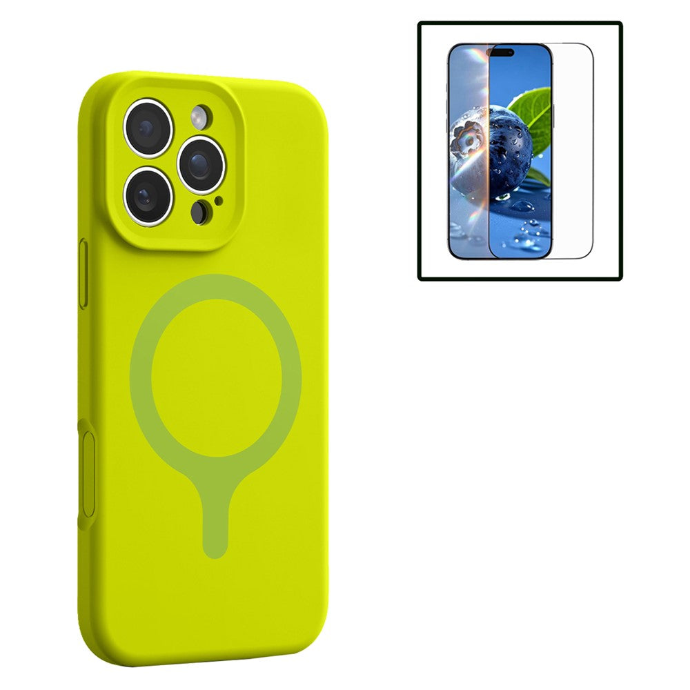 For iPhone 16 Pro Magnetic Case Liquid Silicone Anti Scratch Phone Cover with Tempered Glass Screen Protector