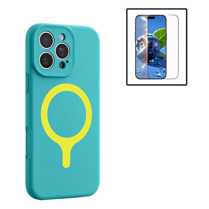 For iPhone 16 Pro Max Magnetic Case Liquid Silicone Anti Scratch Phone Cover with Tempered Glass Screen Protector