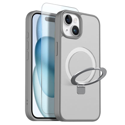 NORTHJO For iPhone 15 Case with Invisible Magnetic O-Ring Stand Compatible with MagSafe Translucent Matte Shockproof Phone Cover with Tempered Glass Film