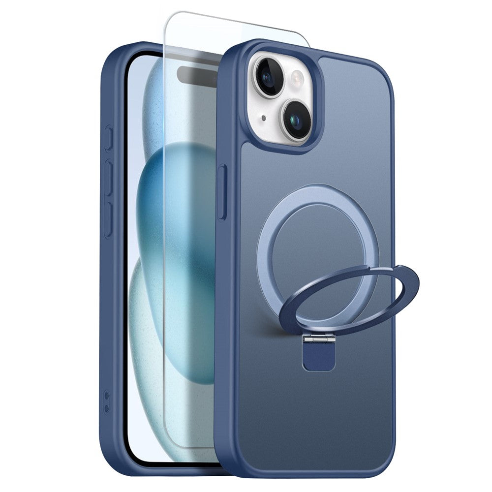 NORTHJO For iPhone 15 Case with Invisible Magnetic O-Ring Stand Compatible with MagSafe Translucent Matte Shockproof Phone Cover with Tempered Glass Film