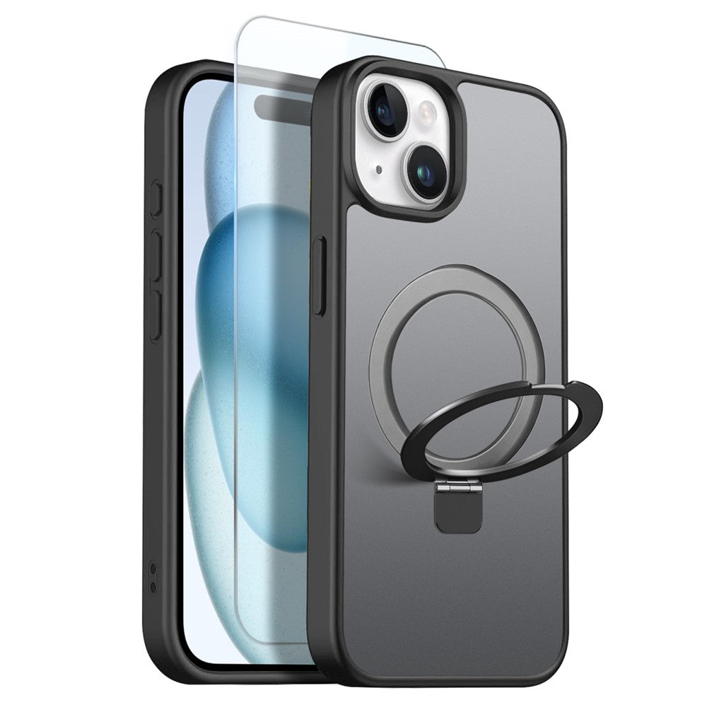 NORTHJO For iPhone 15 Plus Case with Invisible Magnetic O-Ring Stand Compatible with MagSafe Translucent Matte Shockproof Phone Cover with Tempered Glass Film