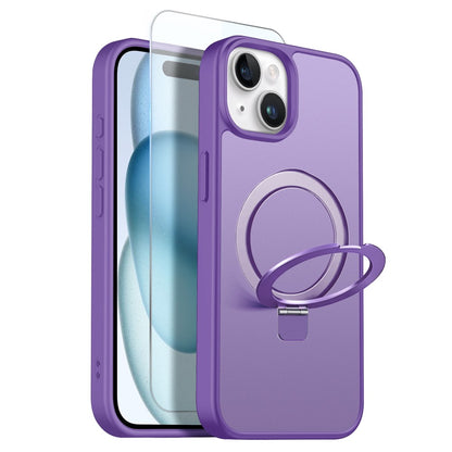 NORTHJO For iPhone 15 Plus Case with Invisible Magnetic O-Ring Stand Compatible with MagSafe Translucent Matte Shockproof Phone Cover with Tempered Glass Film