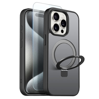 NORTHJO For iPhone 15 Pro Case with Invisible Magnetic O-Ring Stand Compatible with MagSafe Translucent Matte Shockproof Phone Cover with Tempered Glass Film