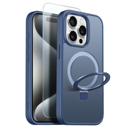 NORTHJO For iPhone 15 Pro Case with Invisible Magnetic O-Ring Stand Compatible with MagSafe Translucent Matte Shockproof Phone Cover with Tempered Glass Film