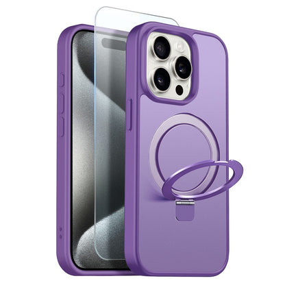 NORTHJO For iPhone 15 Pro Case with Invisible Magnetic O-Ring Stand Compatible with MagSafe Translucent Matte Shockproof Phone Cover with Tempered Glass Film