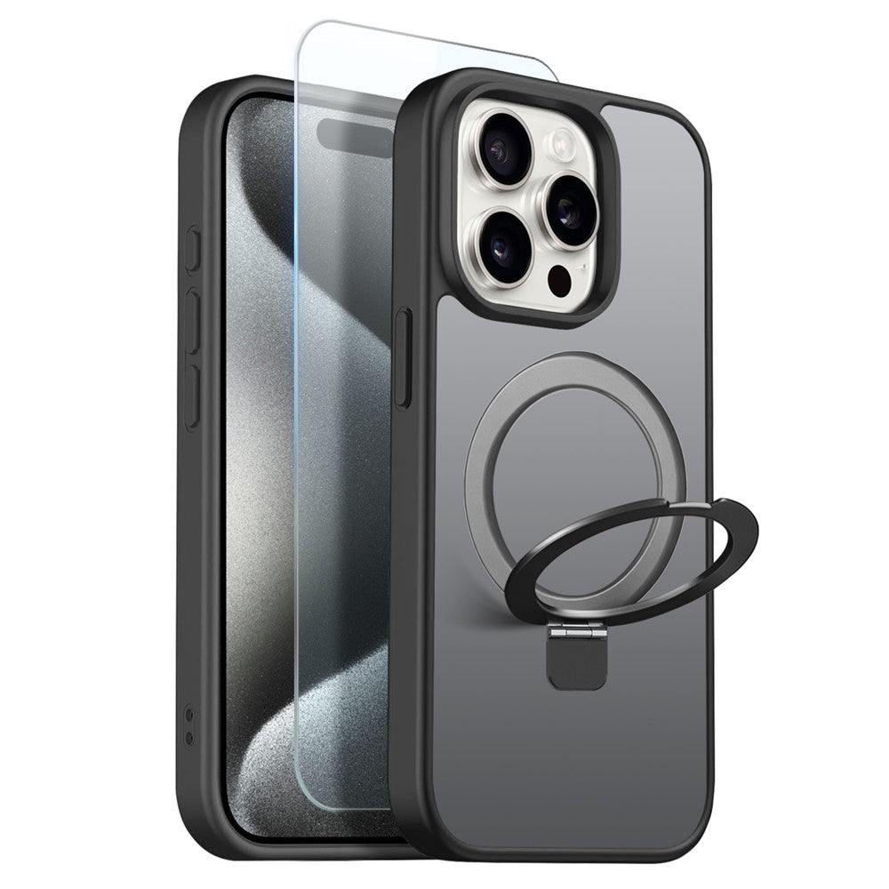 NORTHJO For iPhone 15 Pro Max Case with Invisible Magnetic O-Ring Stand Compatible with MagSafe Translucent Matte Shockproof Phone Cover with Tempered Glass Film