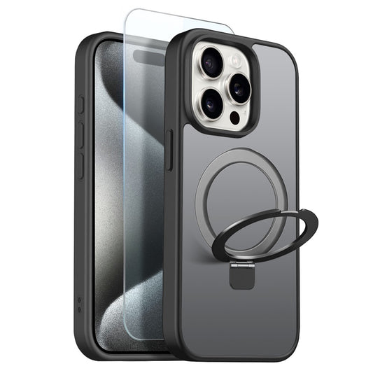 NORTHJO For iPhone 15 Pro Max Case with Invisible Magnetic O-Ring Stand Compatible with MagSafe Translucent Matte Shockproof Phone Cover with Tempered Glass Film