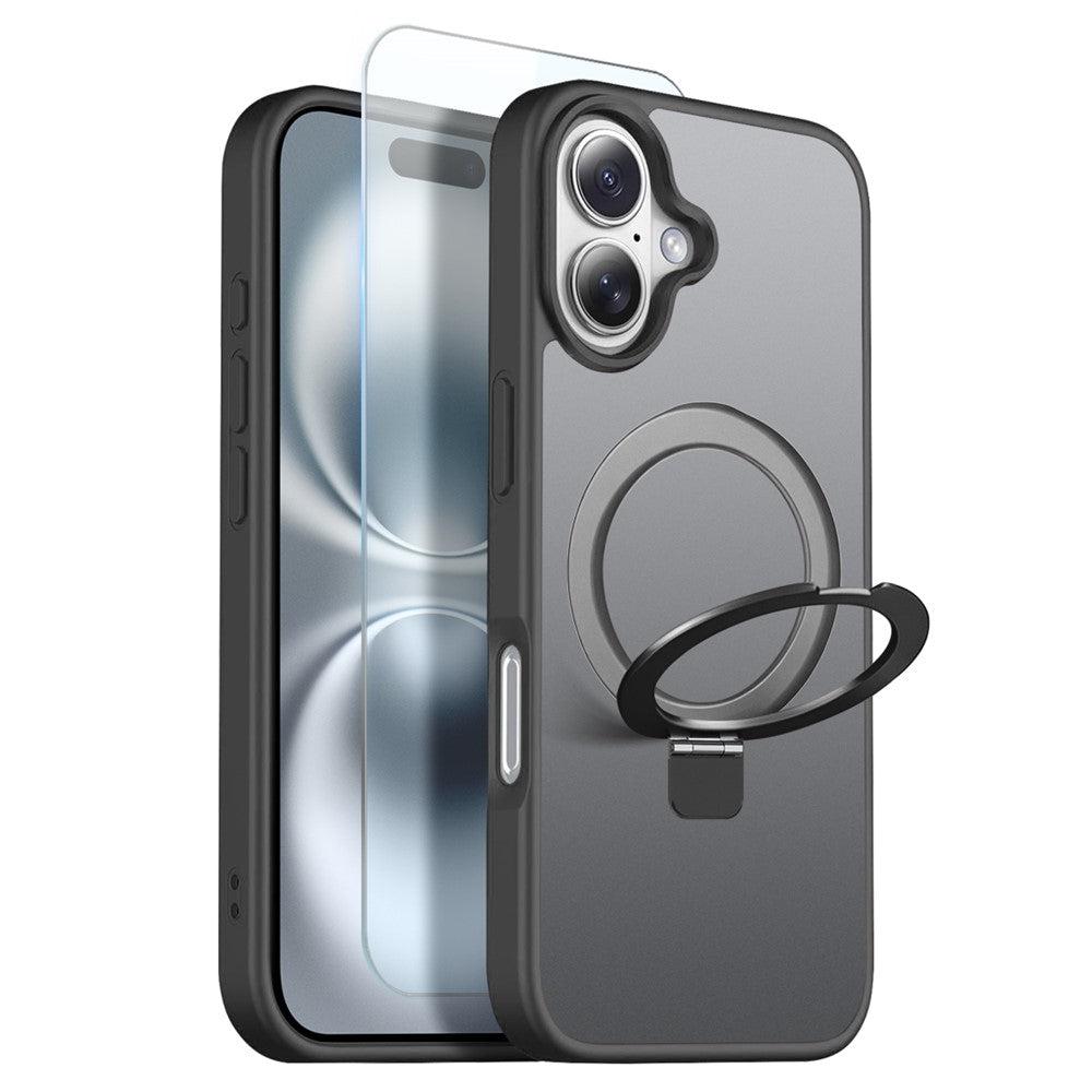 NORTHJO For iPhone 16 Case with Invisible Magnetic O-Ring Stand Compatible with MagSafe Translucent Matte Shockproof Phone Cover with Tempered Glass Film