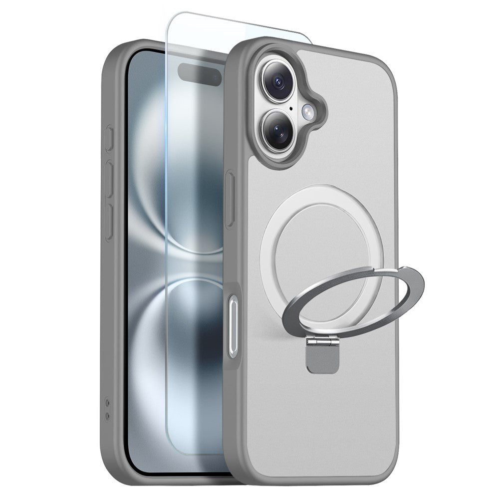 NORTHJO For iPhone 16 Case with Invisible Magnetic O-Ring Stand Compatible with MagSafe Translucent Matte Shockproof Phone Cover with Tempered Glass Film