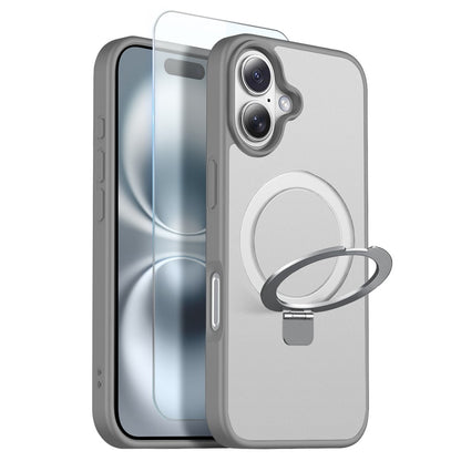 NORTHJO For iPhone 16 Case with Invisible Magnetic O-Ring Stand Compatible with MagSafe Translucent Matte Shockproof Phone Cover with Tempered Glass Film